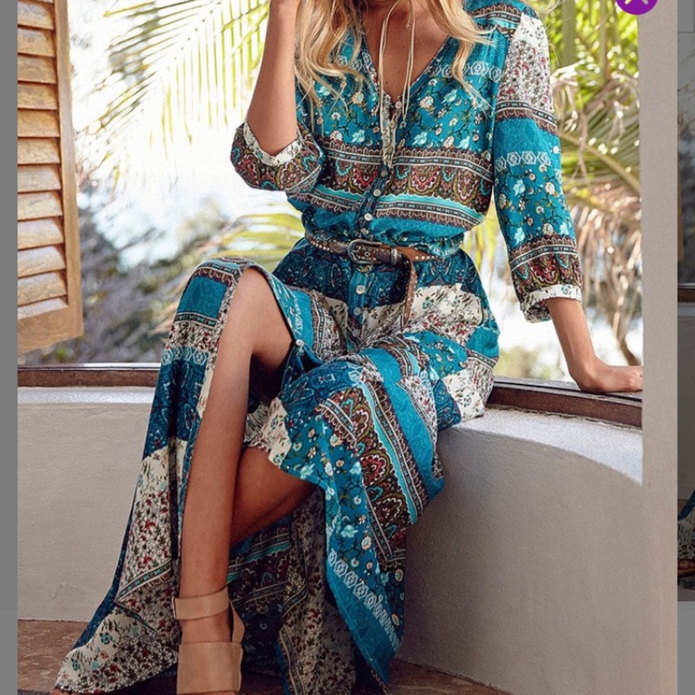 Teal & Brown Paisley V-Neck Dress 👗